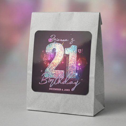 Glam Disco Ball Musical Notes Pink 21st Birthday スクエアシール