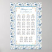 Glam Dusty Blue Gold Watercolor Wedding Seating  ポスター (正面)