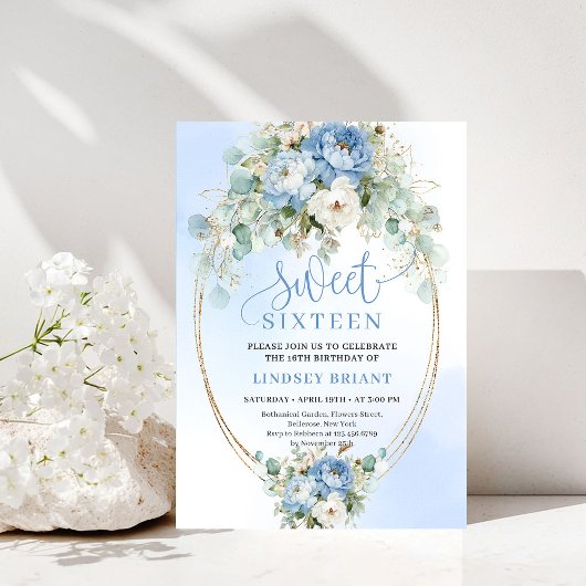 Glam Dusty Blue Peony Gold Sweet Sixteen Invite 招待状