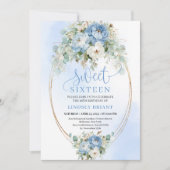 Glam Dusty Blue Peony Gold Sweet Sixteen Invite 招待状 (正面)