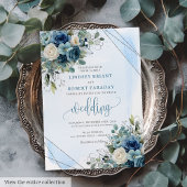 Glam Dusty Blue Silver Frame Wedding Invitation 招待状