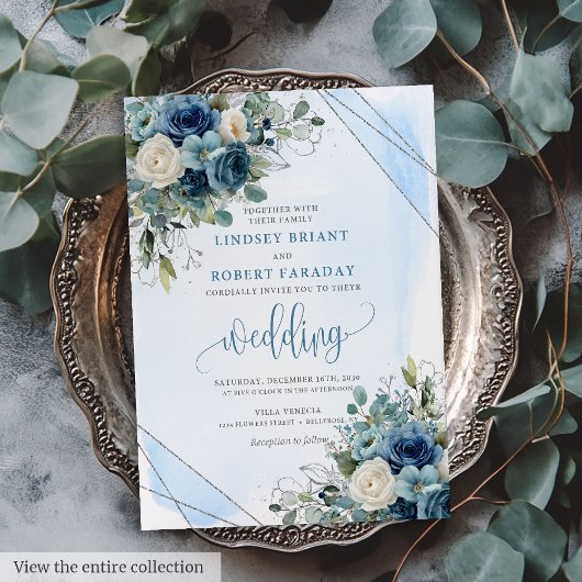Glam Dusty Blue Silver Frame Wedding Invitation 招待状
