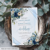 Glam Dusty Blue Silver Frame Wedding Invitation 招待状