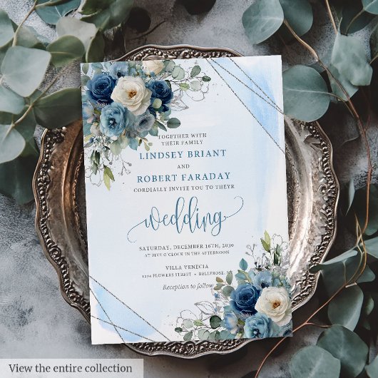 Glam Dusty Blue Silver Frame Wedding Invitation 招待状