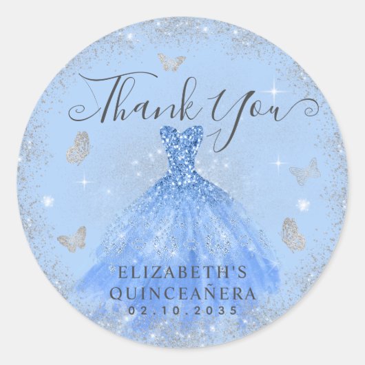 Glam Dusty Blue Silver Gown Quinceaneraありがとうございます ラウンドシール (正面)