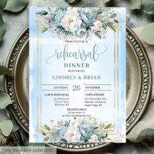Glam Dusty Blue White Floral Gold Rehearsal Invite