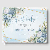 Glam Dusty Blue White Gold Flowers Guest Book ゲストブック (正面)