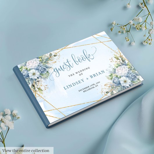 Glam Dusty Blue White Gold Flowers Guest Book ゲストブック