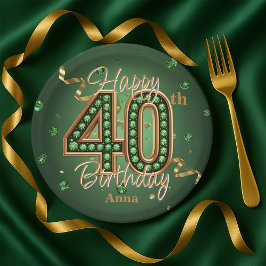 Glam Emerald Green and Gold 40th Birthday ペーパープレート