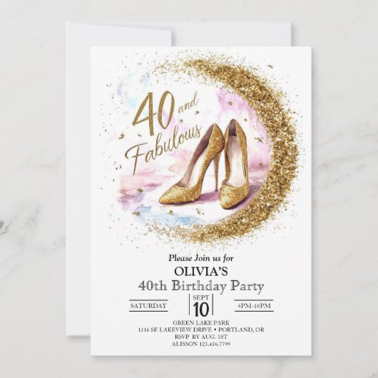 Glam Fabulousデジタル金ゴールド40th Birthday 招待状 (正面)