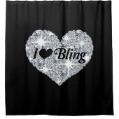 Glam fake diamond私は黒の上のきらきら光るハートが大好き シャワーカーテン (正面)