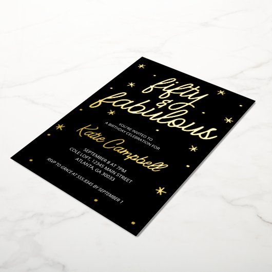 Glam Fifty and Fabulous Script 50th Birthday Foil 箔招待状 (回転した状態)
