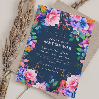 Glam Gardenフローラベビーシャワー救デートNavy 招待状