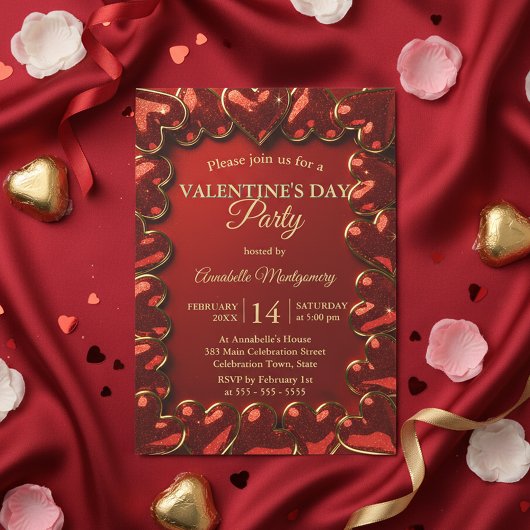 Glam Glitter Red Gold Hearts Valentine's Day Party 招待状