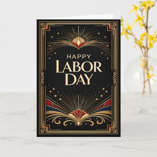 Glam Gold Art Deco Happy Labor Day カード (黄色い花)