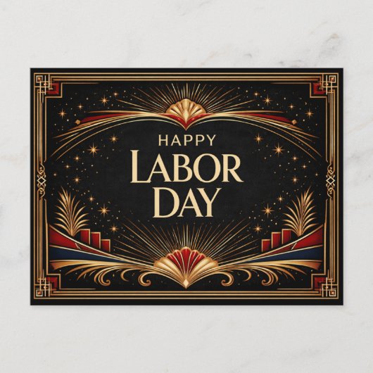 Glam Gold Art Deco Happy Labor Day シーズンポストカード (正面)