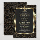 Glam Gold Black Gatsby Roaring 20s Senior PROM 招待状 (正面/裏面)