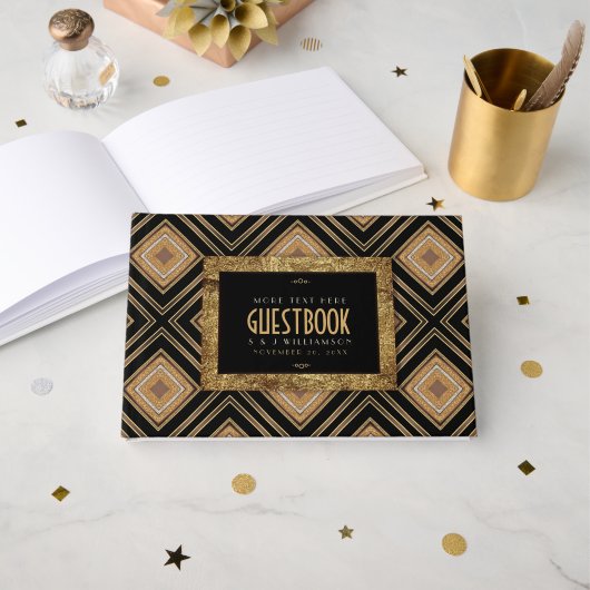 Glam Gold Black Geometric Art Deco Wedding ゲストブック (正面見開き)