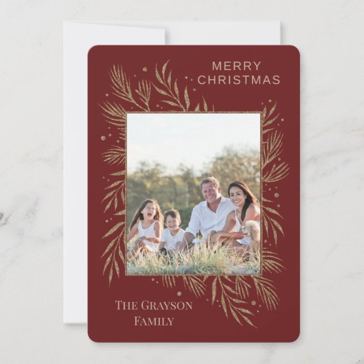 Glam Gold Botanical Maroon Photo Card シーズンカード (正面)
