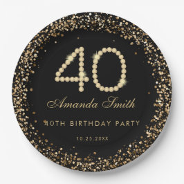 Glam Gold Diamonds 40th Birthday Party Paper Plate ペーパープレート