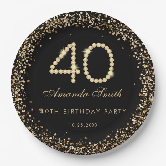 Glam Gold Diamonds 40th Birthday Party Paper Plate ペーパープレート (正面)