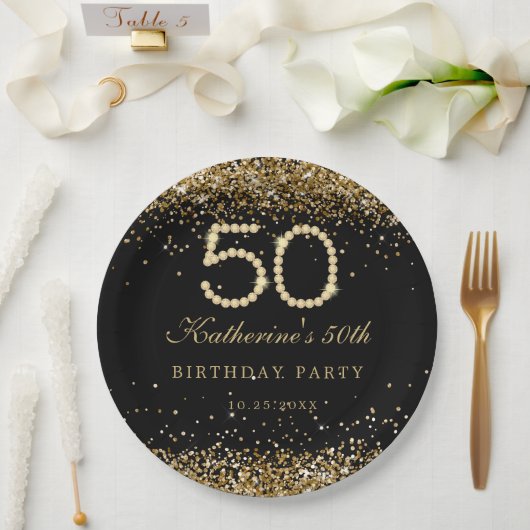 Glam Gold Diamonds 50th Birthday Party Paper Plate ペーパープレート (ウェディング)
