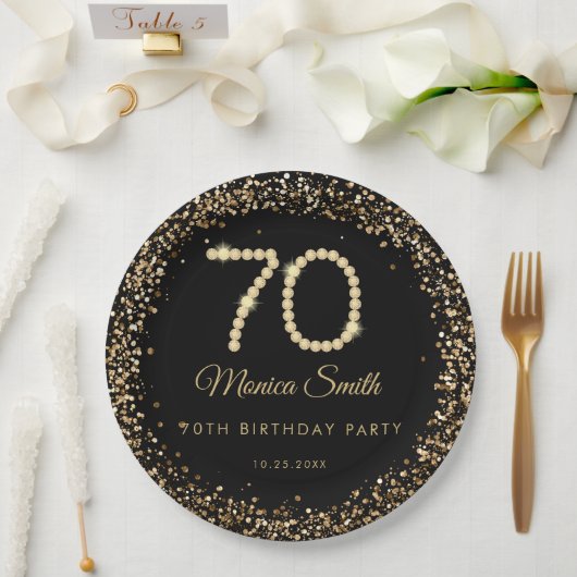 Glam Gold Diamonds 70th Birthday Party Paper Plate ペーパープレート (ウェディング)