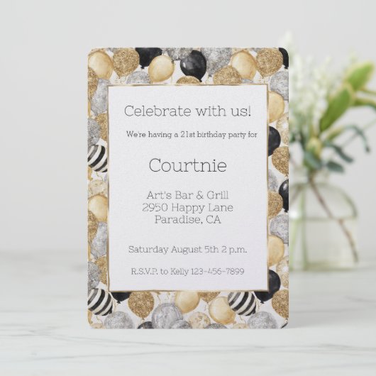 Glam Gold Glitzy Glitter Silver Balloons Birthday 招待状 (スタンド正面)