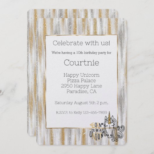 Glam Gold Glitzy Glitter Silver Unicorn Birthday 招待状 (正面/裏面)