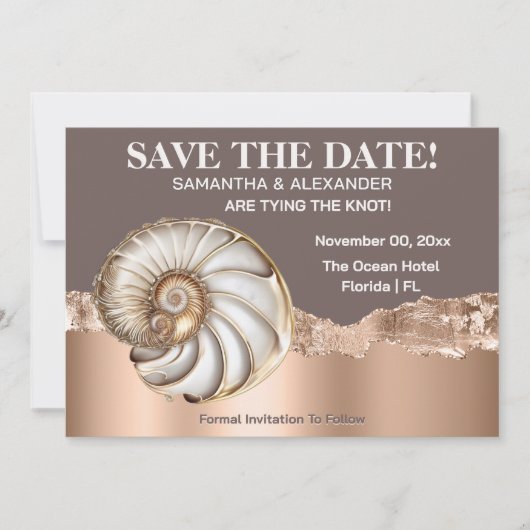 Glam Gold ivory Conch Shell Beach Save The Date 招待状 (正面)