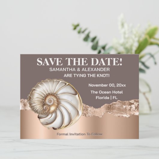 Glam Gold ivory Conch Shell Beach Save The Date 招待状 (スタンド正面)