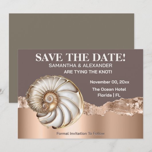 Glam Gold ivory Conch Shell Beach Save The Date 招待状 (正面/裏面)