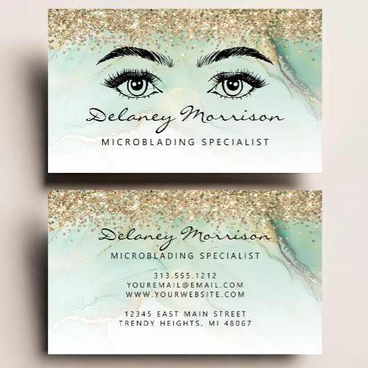 Glam Green Marble Gold Glitter Eyes Microblading 名刺