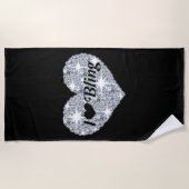 Glam I love silver diamondきらきら光るグリッターハート ビーチタオル (正面)