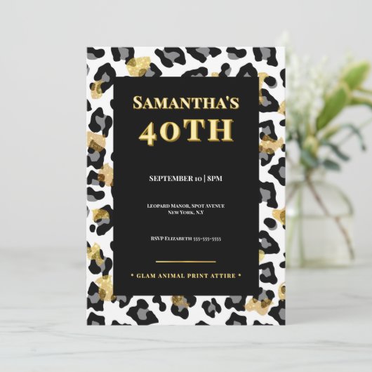Glam Leopard 40th Birthday Invitation Gold Black 招待状 (スタンド正面)
