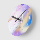 Glam Lilac Gold Abstract Paint Elegant Monogram ラウンド壁時計 (傾斜)