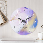 Glam Lilac Gold Abstract Paint Elegant Monogram ラウンド壁時計<br><div class="desc">Easily personalize this glamorous style abstract lilac watercolor paint and faux gold spray background with your custom details.</div>