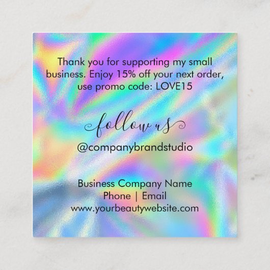 Glam Logo フェイク Holographicありがとう スクエア名刺 (裏面)