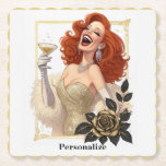 Glam Luxe Party Glamour Diva in Gold Personalize ペーパーコースター<br><div class="desc">Add instant sparkle to your celebration with this personalized paper coaster featuring a radiant red-haired diva in a glittering gold gown, laughing joyfully with a martini in hand. Her dazzling jewelry, white gloves, and fur stole pop against the bold black background, framed by ornate gold scrollwork and black-and-gold roses. Printed...</div>