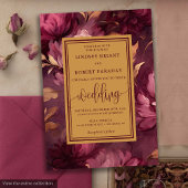 Glam Luxury Maroon Blush Gold Floral Wedding   招待状
