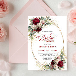 Glam Maroon White Roses Gold Bridal Shower Invite 招待状