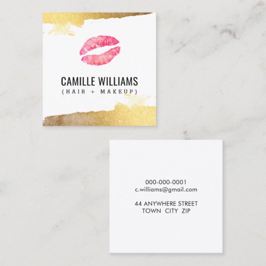 GLAM MINIMALISTラグジュアリー金ゴールドピンク水彩キス スクエア名刺 (正面/裏面)