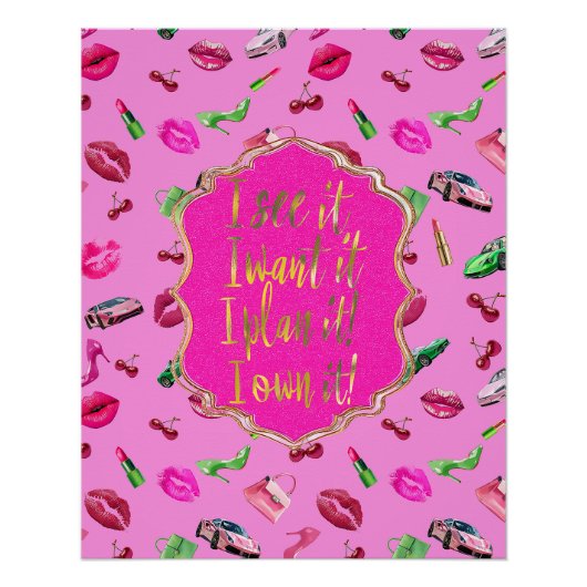 Glam Motif Pink and Green Quote Poster  ポスター (正面)