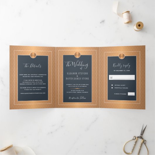 glam navy エレガント銅金ゴールド結婚式招待状 三つ折り案内状 (内部)