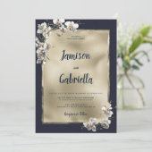 Glam navy blue gold white orchid flower結婚式 招待状 (スタンド正面)