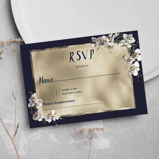 Glam navy blue gold white orchid flower RSVP 招待状