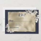 Glam navy blue gold white orchid flower RSVP 招待状 (正面)