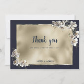 Glam navy blue gold white orchid flower Thank You 招待状 (正面)