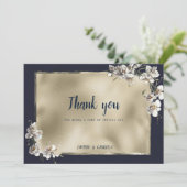 Glam navy blue gold white orchid flower Thank You 招待状 (スタンド正面)