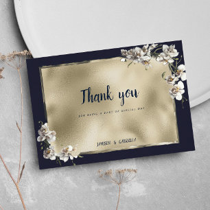 Glam navy blue gold white orchid flower Thank You 招待状